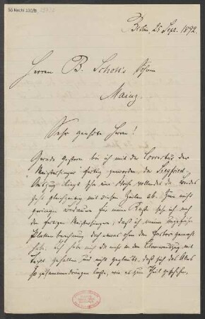 Brief an B. Schott's Söhne : 25.09.1892