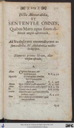 Dicta Memorabilia Et Sententiae Omnes Quibus Maro opus suum distinxit atque adornavit.