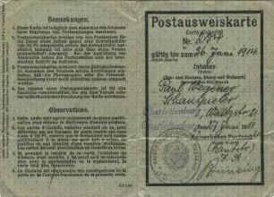 Postausweiskarte, 1913-1914