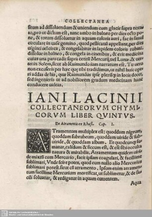 Iani Lancinii Collectaneorum Chymicorum. Liber Quintus.