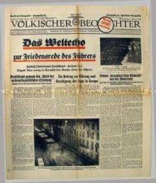 Tageszeitung "Völkischer Beobachter" u.a. zur Reaktion des Auslands auf die Rede Hitlers vom 30. Januar