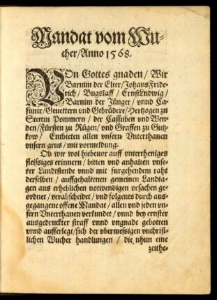 Mandat vom Wucher/ Anno 1568.
