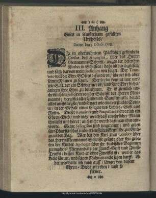 III. Anhang Eines in Amsterdam gefällten Urtheils, Datiret den 9. Octobr. 1708