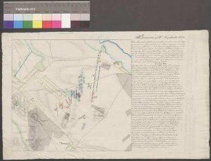 Bornstädt [Manöverkarte]; ohne Verfasser; ohne Maßstab; Kartengröße 22,5 x 20 cm; Blattgröße 48,5 x 30 cm; Kartenrand: Bornstädt; Borne; Lindstädt; Papier; Federzeichnung mit Schraffen; Gewässer, Talauen und Truppenstellungen in Wasserfarben; rechts Beschreibung.