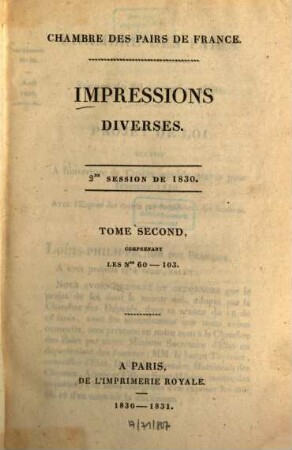 Impressions diverses : session ... 1830,2 (1830/31) = Nr. 60 - 103