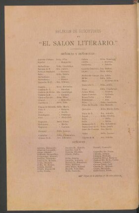 Relación de suscritores de "El Salón Literario".