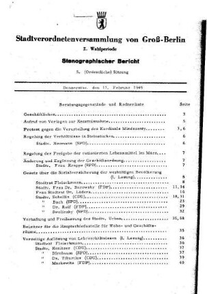Nr. 5, 17. Februar 1949, Ordentliche Sitzung