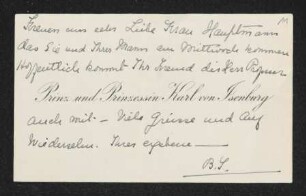 Brief von Prinzessin Berta von Isenburg an Margarete Hauptmann