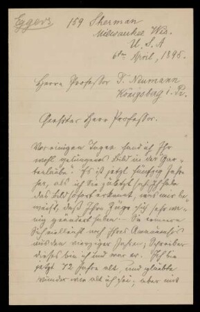 Brief von H. Eggers an Franz Ernst Neumann, Milwaukee, Wis., 6.4.1895