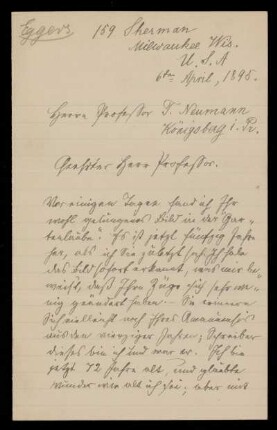 Brief von H. Eggers an Franz Ernst Neumann, Milwaukee, Wis., 6.4.1895