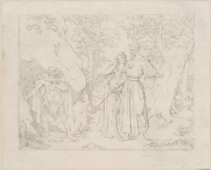 Zu Shakespeares "Der Sturm", Blatt 4, 1. Akt, 2. Szene: Caliban tritt vor Prospero und Miranda aus seiner Höhle