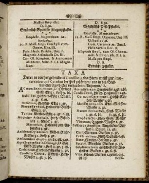 Taxa Derer in vorhergehendem Consilio gedachten/ meist zur Præservation und Curation der Pest gehörigen/ und in den Breßlauischen Apothecken verhandenen Artzneyen