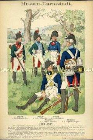 Uniformdarstellung, Füsilier, Offiziere und Musketiere verschiedener Infanterie-Regimenter, Landgrafschaft Hessen-Darmstadt, 1803/1807.