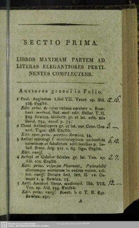 Sectio Prima. Libros Maximam Partem Ad Literas Elegantiores Pertinentes Complectens