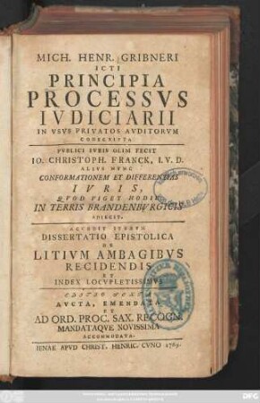 Mich. Henr. Gribneri Icti Principia Processvs Ivdiciarii in Vsvs Privatos Avditorvm Conscripta