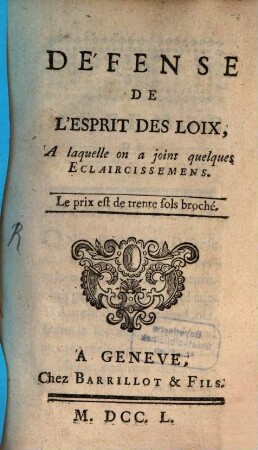 Defense de l'Esprit des Loix