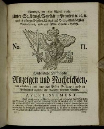 No. 11. Montags, den 16ten Martii 1761.