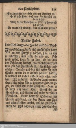 Dritte Fabel. Die Schlange, der Fuchs und der Ygel