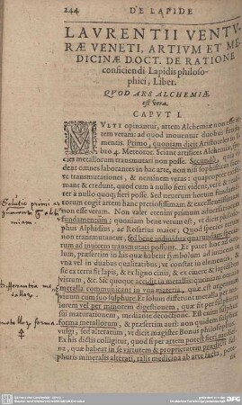 LAURENTII VENTURAE VENETI, ARTIUM ET MEDICINAE D.O.CT. DE RATIONE conficiendi Lapidis philosophici, Liber.