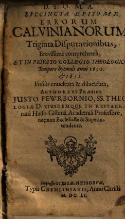 Succincta epitome errorum Calvinianorum triginta disputationibus