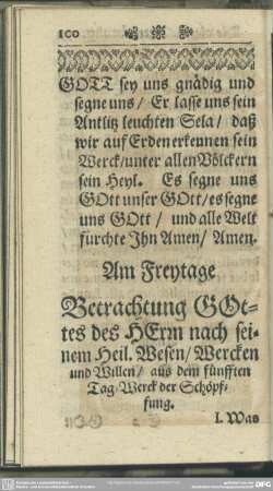 Am Freytage Betrachtung GOttes des HErrn nach seinem Heil. Wesen, Wercken und Willen, aus dem fünfften Tag-Werck der Schöpfung