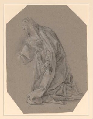 Vouet, Simon: Zeichnungen II, Blatt 71: Kniende weibliche Gewandfigur mit Kopftuch und ausgebreiteten Armen, im Profil nach links - BSB Cod.icon. 397 b(71