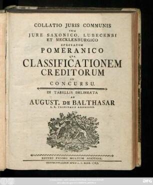 Collatio Juris Communis Cum Jure Saxonico, Lubecensi Et Mecklenburgico Speciatim Pomeranico Qva Classificationem Creditorum In Concursu