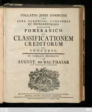 Collatio Juris Communis Cum Jure Saxonico, Lubecensi Et Mecklenburgico Speciatim Pomeranico Qva Classificationem Creditorum In Concursu