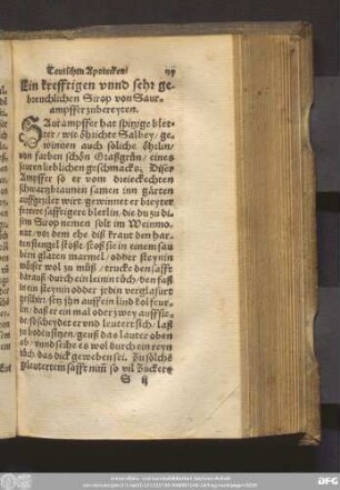 Ein krefftigen vnnd sehr gebreuchlichen Sirop von Saurampffer zubereyten