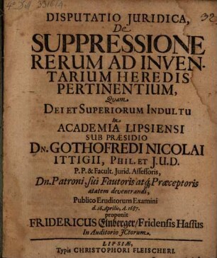 Disp. iur. de suppressione rerum ad inventarium heredis pertinentium