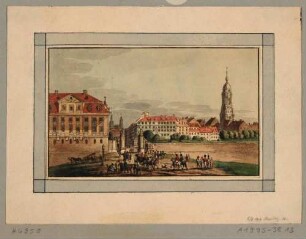 Die Toranlage des Seetores in Dresden nach Norden in die Seestraße nach Verfüllung des Festungsgrabens und Abbruch der Brücke im Jahr 1821, links das spätere Innenministerium, rechts der Turm der Kreuzkirche