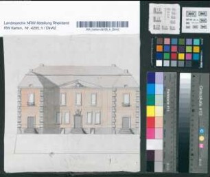 Pläne zum Umbau des Hauses Hueth. Außenansichten, Grundrisse, Grundriß der Gärten, des Kuhstalls, Vorder- und Seitenansichten.