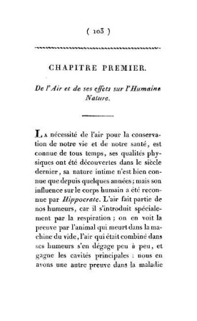 Chapitre Premier. De l'Air et de ses effets sur l'Humaine Nature.