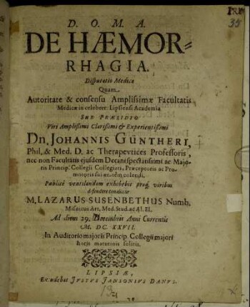 De Haemorrhagia. Disputatio Medica