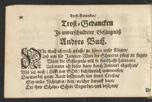 Trost-Gedancken In unverschuldeter Gefängnüß Andres Buch.