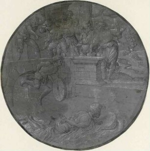 Das Martyrium des heiligen Crispin und des heiligen Crispinian. Blatt 2: Die beiden Heiligen werden mit einem Mühlstein um den Hals in die Aisne geworfen