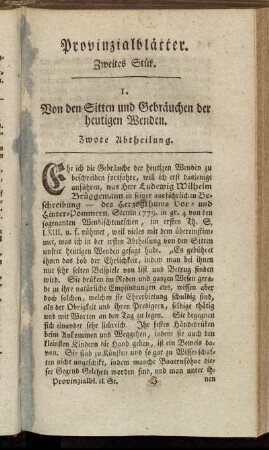 1. Von den Sitten und Gebräuchen der heutigen Wenden. Zwote Abtheilung.
