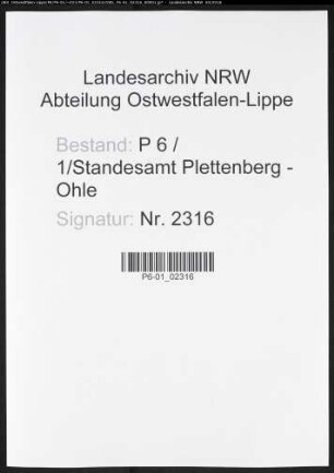 Sterberegister Standesamt Plettenberg-Ohle