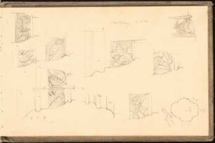 Skizzenbuch 1900-1901: Kapelle zum Heiligen Kreuz in Landsberg Säulenbasen und Kapitelle, Ansichten, Schnitte, Grundriss