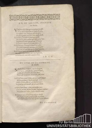 A. G. De Saluste, Siegneur du Bartas. Du Livre De La Sepmaine de Saluste.