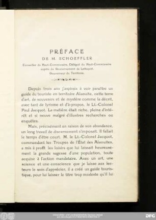 Préface De M. Schoeffler Conseiller du Haut-Commissaire, Délégué du Haut-Commissaire auprès du Gouvernement de Lattaquié, Gouverneur du Territoire.