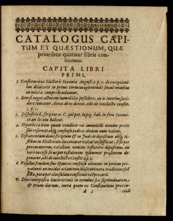 Cataolgus Capitum Et Quaestionum, Quae prioribus qutuor libris continentur.