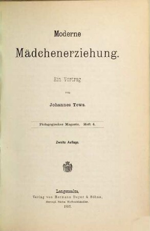 Moderne Mädchenerziehung : ein Vortrag