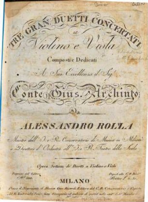 Tre gran duetti concertati a violino e viola : opera settima de' duetti a violino e viola