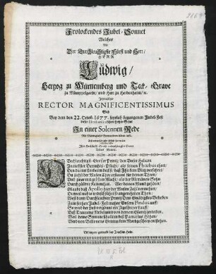 Frolockendes Jubel-Sonnet : welches Als Ludwig, Hertzog zu Würtemberg und Teck ... Sich In einer Rede hören liesse