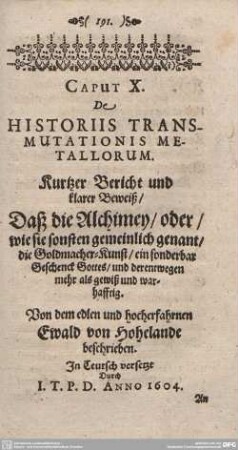 CAPUT X. De HISTORIIS TRANSMUTAIONIS METALLORUM.