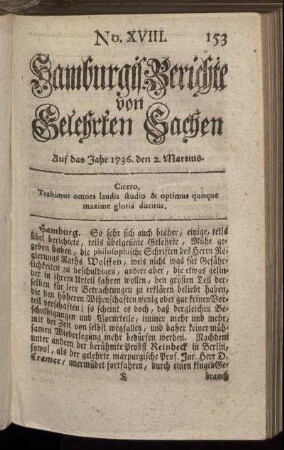 No. XVIII. Auf das Jahr 1736. den 2. Marius. - No. XXVI. Auf das Jahr 1736. den 30. Martius.