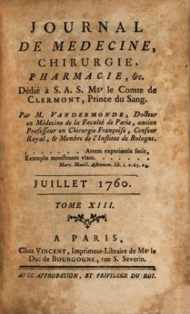 Journal de médecine, chirurgie, pharmacie. 13. 1760