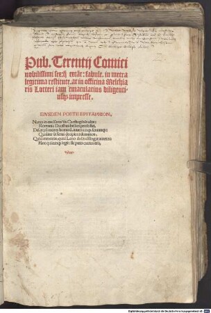 Pub. Terentij Comici nobilissimi sex: q[uod] exta[n]t: fabule : in metra legitima restitute...