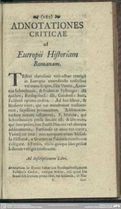 Adnotationes Criticae ad Eutropii Historiam Romanam